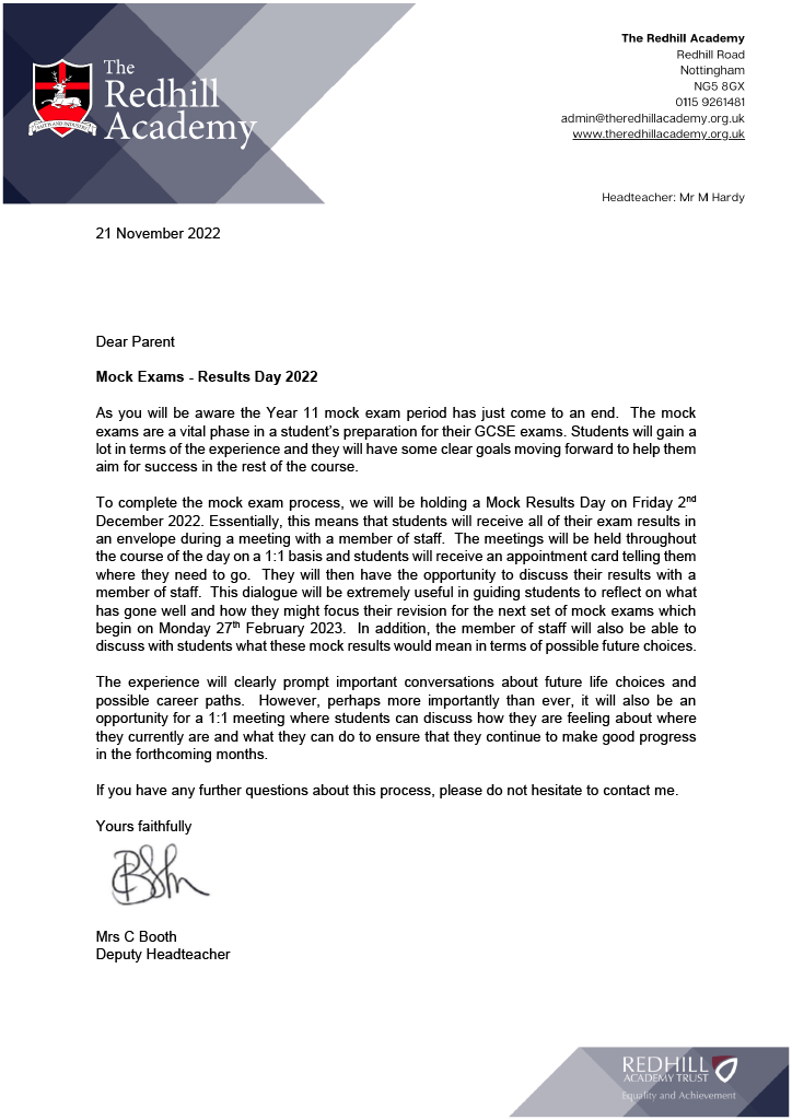 Mock Exams Results Day Letter 2022